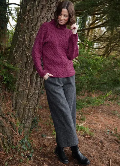 Made in Blarney Ava Aran Funnel Neck Sweater in Raspberry Marl